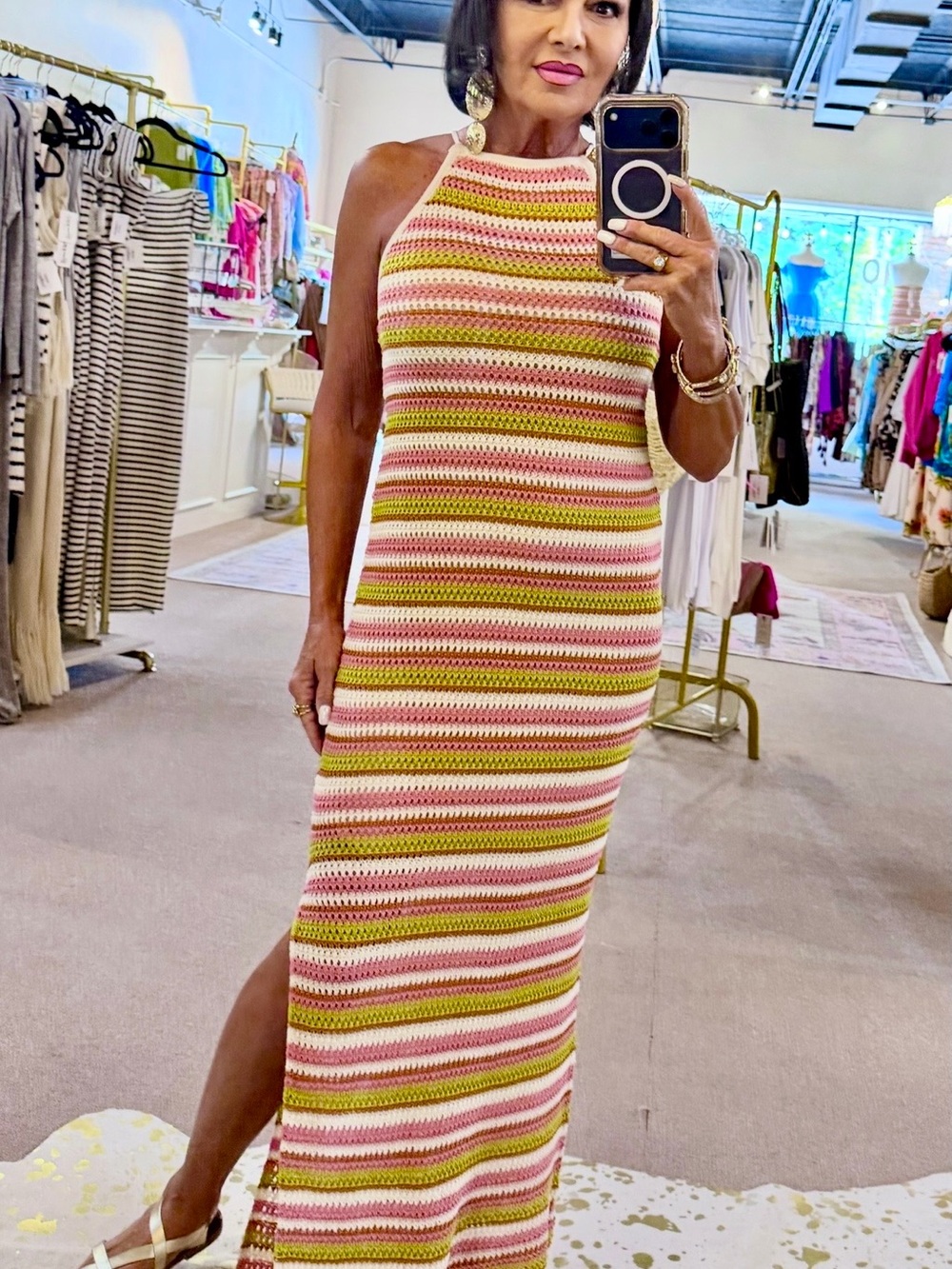 Dress Forum Striped Crochet Halter Maxi Dress - Pink & Green